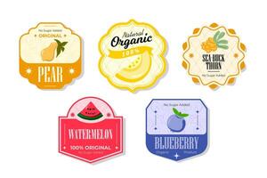 Retro fruits banner and labels. Different juices stickers. Packaging tags with blueberry, watermelon, seabuckthorn. Set of seasonal fruits labels stickers and marks or badges template for packaging vector