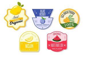Retro fruits banner and labels. Different juices stickers. Packaging tags with seabuckthorn, blueberry, watermelon. Set of seasonal fruits labels stickers and marks or badges template for packaging vector