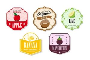 Retro fruits banner and labels. Different juices stickers. Packaging tags with mangostin, banana, lime, apple. Set of seasonal fruits labels stickers and marks or badges template for packaging vector