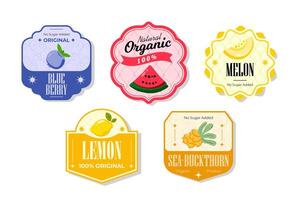 Retro fruits banner and labels. Different juices stickers. Packaging tags with blueberry, seabuckthorn, lemon, melon. Set of seasonal fruits labels stickers and marks or badges template for packaging vector