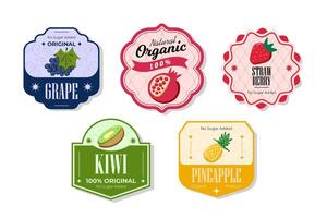 Retro fruits banner and labels. Different juices stickers. Packaging tags with pineapple, grape, kiwi, strawberry. Set of seasonal fruits labels stickers and marks or badges template for packaging vector
