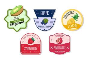 Retro fruits banner and labels. Different juices stickers. Packaging tags with pomegranate, strawberry, pineapple. Set of seasonal fruits labels stickers and marks or badges template for packaging vector