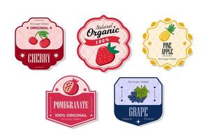 Retro fruits banner and labels. Different juices stickers. Packaging tags with grape, pomegranate, pineapple, cherry. Set of seasonal fruits labels stickers and marks or badges template for packaging vector