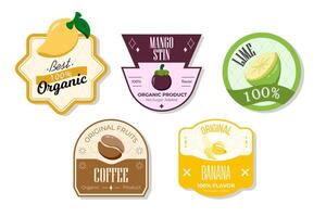 Retro fruits banner and labels. Different juices stickers. Packaging tags with coffee, banana, lime, mangostin. Set of seasonal fruits labels stickers and marks or badges template for packaging vector
