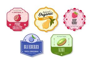 Retro fruits banner and labels. Different juices stickers. Packaging tags with pomegranate, blueberry, kiwi, pear. Set of seasonal fruits labels stickers and marks or badges template for packaging vector