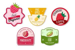 Retro fruits banner and labels. Different juices stickers. Packaging tags with strawberry, pomegranate, pineapple. Set of seasonal fruits labels stickers and marks or badges template for packaging vector