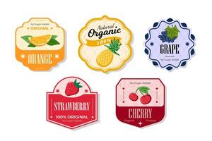 Retro fruits banner and labels. Different juices stickers. Packaging tags with cherry, strawberry, grape, orange. Set of seasonal fruits labels stickers and marks or badges template for packaging vector
