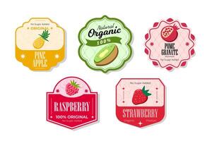 Retro fruits banner and labels. Different juices stickers. Packaging tags with pomegranate, pineapple, strawberry. Set of seasonal fruits labels stickers and marks or badges template for packaging vector