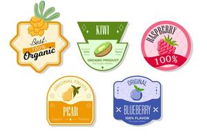 Retro fruits banner and labels. Different juices stickers. Packaging tags with kiwi, raspberry, pear, blueberry. Set of seasonal fruits labels stickers and marks or badges template for packaging vector