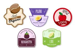 Retro fruits banner and labels. Different juices stickers. Packaging tags with apple, lime, mangostin, plum. Set of seasonal fruits labels stickers and marks or badges template for packaging vector