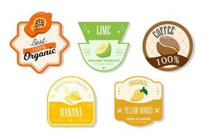 Retro fruits banner and labels. Different juices stickers. Packaging tags with yellow mango, coffee, banana, lime. Set of seasonal fruits labels stickers and marks or badges template for packaging vector