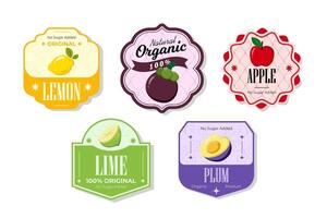 Retro fruits banner and labels. Different juices stickers. Packaging tags with apple, plum, lime, lemon. Set of seasonal fruits labels stickers and marks or badges template for packaging vector