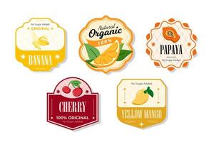 Retro fruits banner and labels. Different juices stickers. Packaging tags with papaya, yellow mango, cherry, banana. Set of seasonal fruits labels stickers and marks or badges template for packaging vector