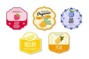 Retro fruits banner and labels. Different juices stickers. Packaging tags with melon, pear, blueberry, raspberry. Set of seasonal fruits labels stickers and marks or badges template for packaging vector