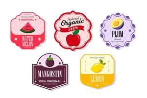 Retro fruits banner and labels. Different juices stickers. Packaging tags with mangostin, watermelon, plum, lemon. Set of seasonal fruits labels stickers and marks or badges template for packaging vector