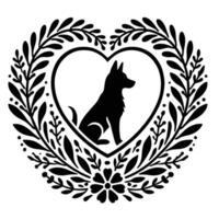 A black and white silhouette of a dog in a heart vector
