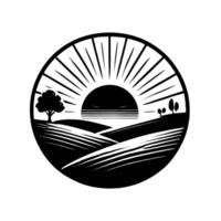 A black and white logo of a field with a sun rising over it vector