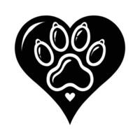 A black and white paw print in the shape of a heart vector