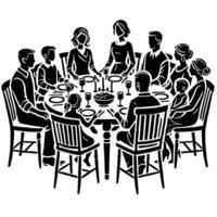 A black and white illustration of a family at a dinner table vector
