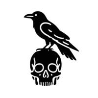 A black and white silhouette of a crow sitting on top of a skull vector