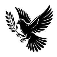 A black and white illustration of a dove with an olive branch vector