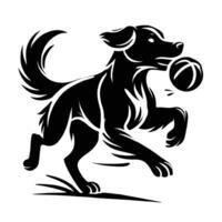 Black and white dog running with ball vector