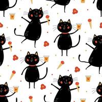 Seamless pattern with cute black cats holding ice cream and coffee cups, surrounded by flowers. Ideal for summer textiles, wrapping paper, cafe decor, or playful branding projects. vector