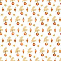 Festive seamless pattern with Christmas ornaments and pine twigs, sweets and gifts. Red and yellow colors. Perfect for holiday wrapping paper and textiles vector