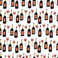 Seamless pattern featuring red wine glasses and bottles on a white background. Perfect for party invitations, festive packaging, wine related branding projects. Hand drawn illustration vector