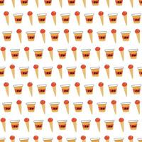 Seamless pattern with coffee cups and ice cream cones on a black background. Ideal for cafe decor, packaging, or digital designs related to desserts and beverages. vector
