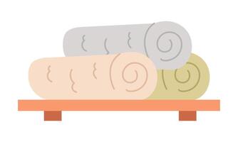Rolled towels neatly arranged on a wooden shelf in a sauna. illustration. vector