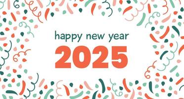 New Year 2025 with Confetti. Card explosion cracker. Design greeting, Holiday mail, post. Festive Carnival. Salute bright ribbons, curls. Doodle Fireworks. Text Congratulations. illustration vector