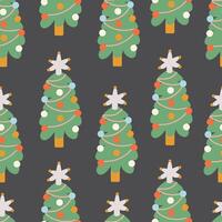 seamless pattern with Christmas tree with garland and decoration in shape doodle style vector