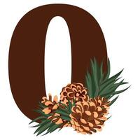 number 0 with new year design, namely different pine cones and pine branches for christmas and new year designs vector