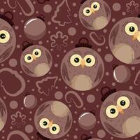 christmas or new year seamless pattern with new year balls with brown owl design and other new year decorations on a brown background, for festive textiles, posters or banners vector