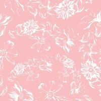 line art print of sprigs with blooming daisies buds on pink background, for textile, design or pattern vector