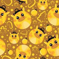 christmas or new year seamless pattern with new year balls with yellow giraffe design and other new year decorations on a yellow background, for festive textiles, posters or banners vector