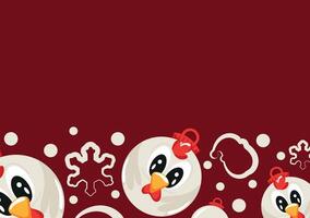 christmas or new year horizontal posters with round baubles and different christmas toys with white rooster design on a red background, for different holiday ads and banners vector