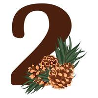 number 2 with new year design, namely different pine cones and pine branches for christmas and new year designs vector