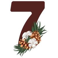 brown number seven with Christmas design, namely pine cones, cotton flowers and pine branches, for various calendars, diaries or posters vector