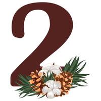 brown number two with Christmas design, namely pine cones, cotton flowers and pine branches, for various calendars, diaries or posters vector