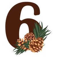 number 6 with new year design, namely different pine cones and pine branches for christmas and new year designs vector