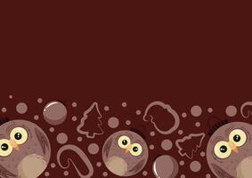 christmas or new year horizontal posters with round balls and different christmas toys with brown owl design on a brown background, for different holiday ads and banners vector