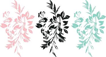 set of sketches, prints of a branch of flowers with leaves in line art style drawn with different lines, for textiles, packaging or posters vector