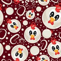 christmas or new year seamless pattern with new year balls with white rooster design and other new year decorations on a red background, for festive textiles, posters or banners vector