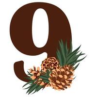 number 9 with new year design, namely different pine cones and pine branches for christmas and new year designs vector