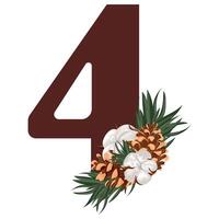 brown number four with Christmas design, namely pine cones, cotton flowers and pine branches, for various calendars, diaries or posters vector