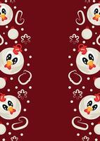 christmas or new year posters with round baubles and different christmas toys with white rooster design on both sides of the poster on a red background, for different holiday ads and banners vector