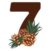 number 7 with new year design, namely different pine cones and pine branches for christmas and new year designs vector