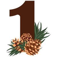 number 1 with new year design, namely different pine cones and pine branches for christmas and new year designs vector